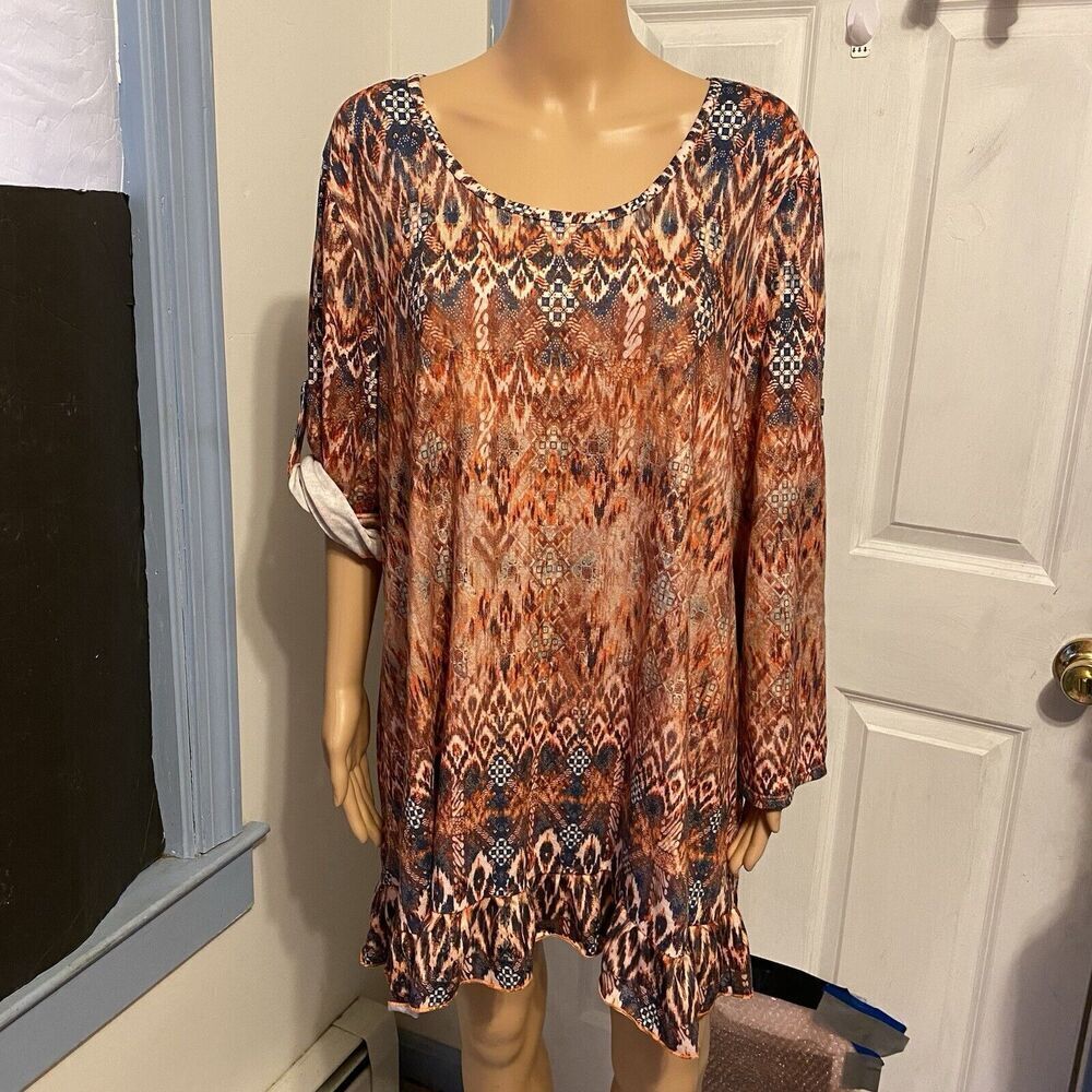 Song N Spirit Top Women Long Sleeve Flowy Tunic Blue Orange Aztec Stretch Sz XXL - Picture 5 of 9